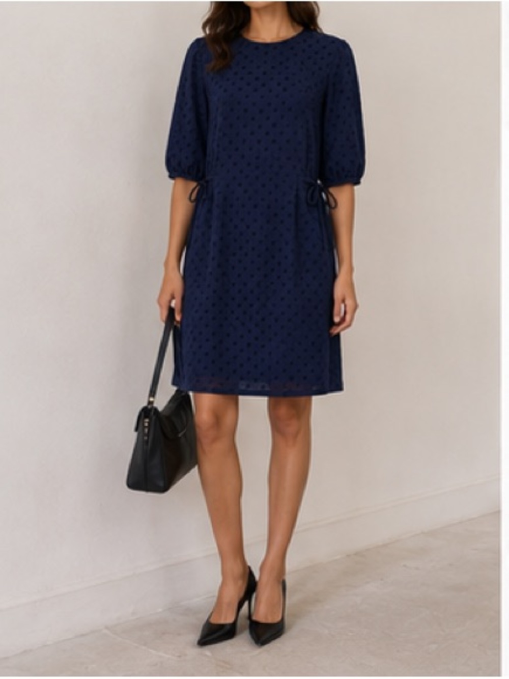 Sandro Lori navy dot dress crew neck half sleeves ties at waist Size 3 / L - Picture 10 of 11